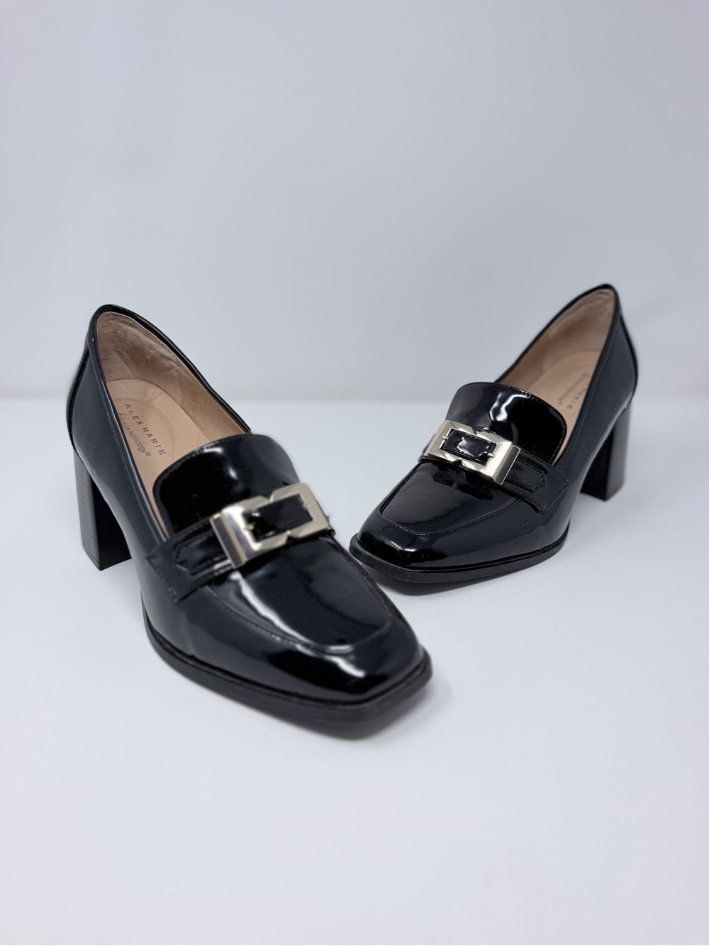 Alex Marie Women’s 9.5 Black Patent Buckle Loafer Pumps Block Heel